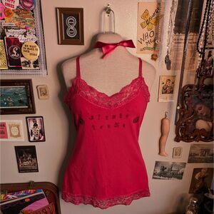 Y2K Christmas Tank Top Women's Large/XL Red Lace Funny Ornament Graphic